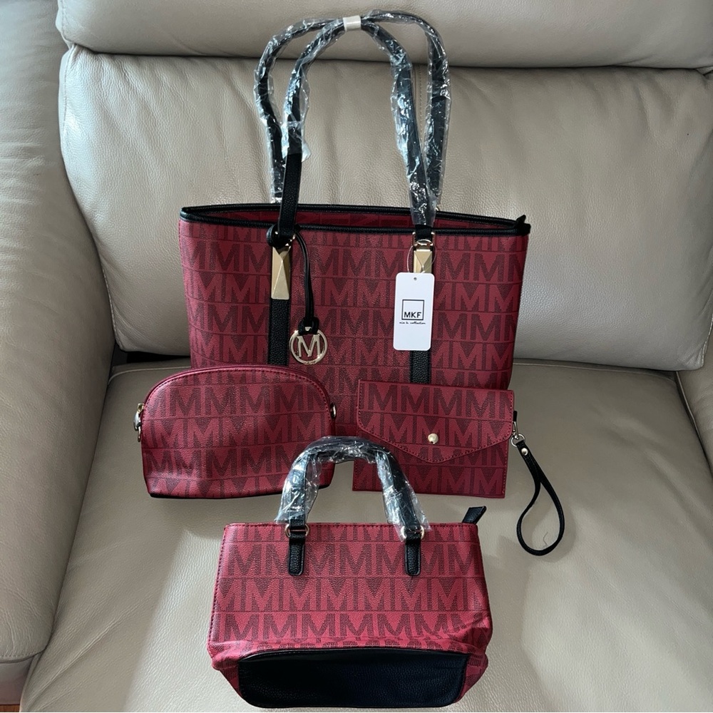 4pc MKF COLLECTION Modern Tote Handbag Set Marimar M Signature Milan MiaK Red/Bl